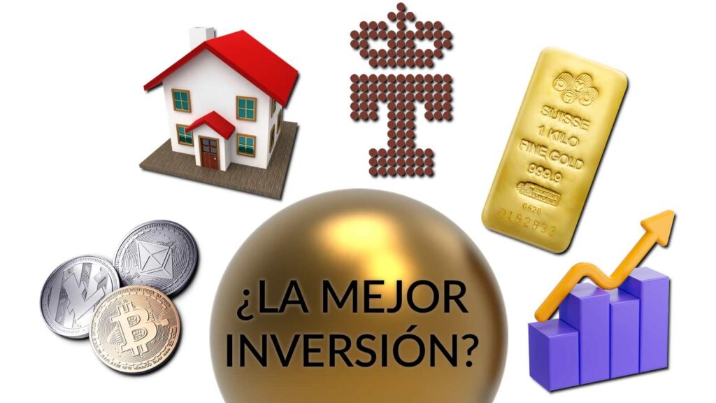 imagen mostrado iconos de bitcoin, letras del tesoro, oro, casas y acciones